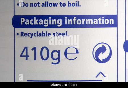 Acier recyclable emballage informations sur une étiquette peut au Royaume-Uni Banque D'Images
