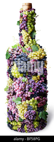 Bouteille de vigne avec grappes de ronde retors sur fond blanc Raisin Banque D'Images