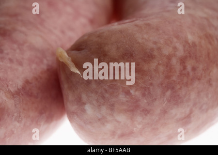 Close up de la fin des matières Liens de saucisse de porc de l'agriculture biologique british saddleback porcs élevés en Irlande Banque D'Images