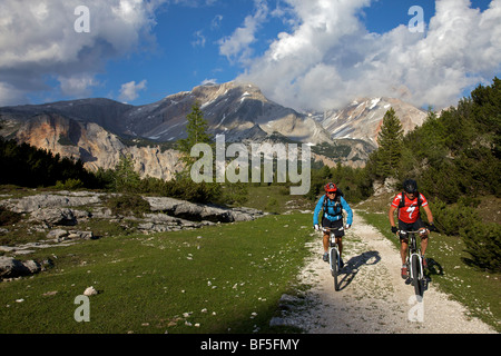 Les coureurs de vélo de montagne à l'est du bassin de Fodara Vedla, Parco Naturale Fanes-Sennes-Braies, Veneto, le Tyrol du Sud, Italie, Europe Banque D'Images