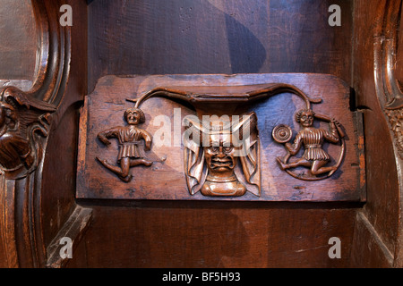 Bois sculpté de l'église Saint Laurent à misericord Ludlow Shropshire montrant un sourire froid "14 ème siècle" Banque D'Images