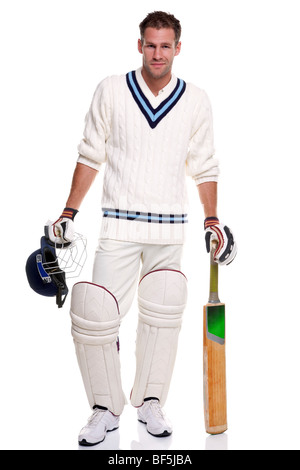 Cricketer, studio shot on white background. Banque D'Images