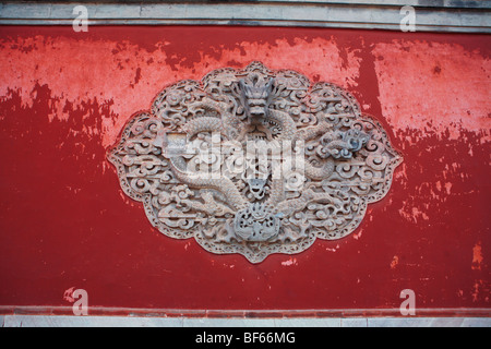 Sculpture exquise de dragon sur le mur rouge pâle, Mahavira Hall, Temple Biyun, collines odorantes, Beijing, Chine Banque D'Images