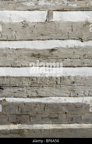 Stock photo de cabane chambre de remplissage de mortier du mur extérieur, montrant la main et bois de taille. Banque D'Images