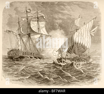 Un navire de la Marine américaine capture un navire pirate algérien au large de la Côte des Barbaresques durant la Première Guerre Mondiale 1801 à 1805 barbarie. Banque D'Images