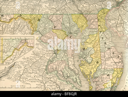 Ancienne carte d'origine du Maryland et Delaware de manuel de géographie 1884 Banque D'Images