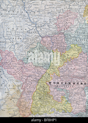 Ancienne carte d'origine du sud de l'Allemagne du manuel de géographie 1884 Banque D'Images