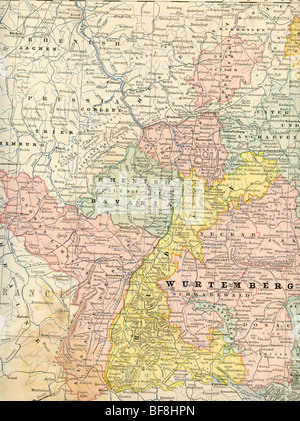 Ancienne carte d'origine du sud de l'Allemagne du manuel de géographie 1884 Banque D'Images