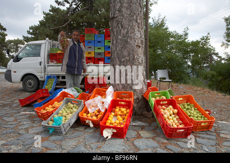 Vendeur de fruits avec des produits provenant des fermes locales mis en place pour vendre aux touristes dans la région de Troodos square république de Chypre Europe Banque D'Images