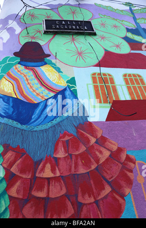 Fresque sur mur de boutique d'artisanat dans la région touristique, la Calle Sagarnaga, La Paz, Bolivie Banque D'Images