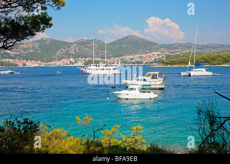 L'ancrage des bateaux d'excursion à l'extérieur de l'île de Marinkovac, les îles Pakleni, Hvar, Croatie, Dalmatie Centrale Banque D'Images