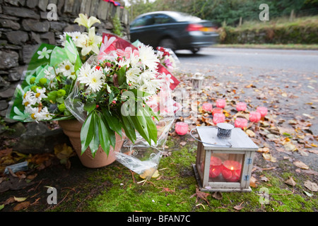 Fleurs Memorial laissés sur le site d'un accident de la route près de Ambleside, Cumbria, Royaume-Uni Banque D'Images