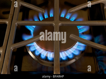 Une cuisinière a gaz avec ses flammes bleues Banque D'Images