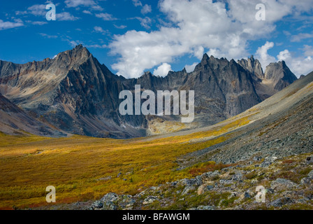 La vallée du ruisseau Grizzly toundra afficher en plein automne couleur Le parc territorial Tombstone, Yukon Canada Banque D'Images