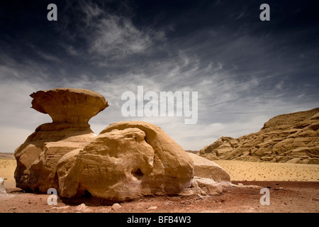 Mushroom rock, monument de grès, Wadi Rum, Jordanie Banque D'Images