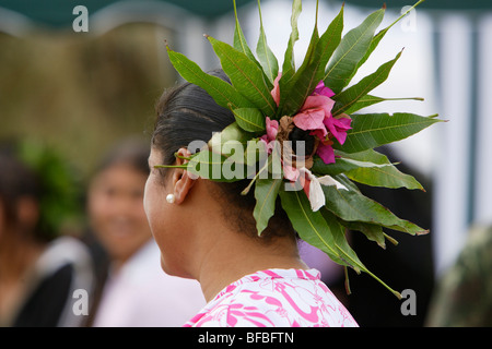 Rapanui femme à la Fiesta de la Lengua, Hanga Roa, l'île de Pâques (Rapa nui) ou de Pascua, Chili Banque D'Images