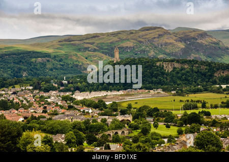 Monument de Wallis entouré d'arbres, au sommet de l'abbaye de Craig avec des maisons en premier plan. Stirling Ecosse. Banque D'Images