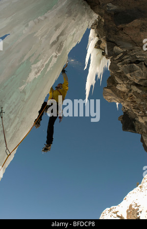 Un grimpeur monte une cascade gelée alors que l'escalade de glace près de pilier Ouray, Colorado. Banque D'Images