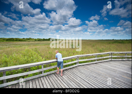 Un homme fait une pause au cours d'une randonnée pour s'appuyer contre une balustrade de bois dans le parc national des Everglades, en Floride. Banque D'Images