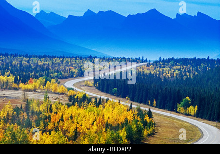 Route à travers les Rocheuses canadiennes à l'automne, David Thompson Highway, Alberta, Canada Banque D'Images