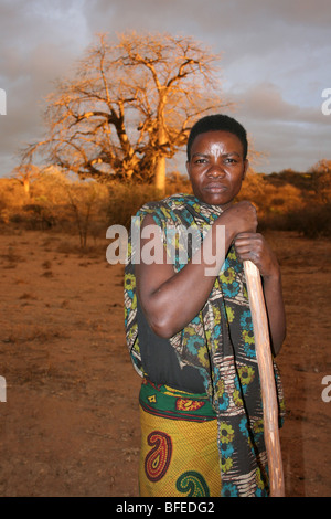 Femme de la tribu Hadza se distingue par la collecte Stick, pris près de Yaeda Chini, Tanzanie Banque D'Images