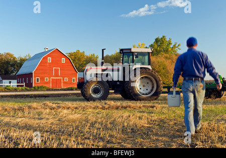 Agriculteur avec une lunch box marche dans un champ de chaume de céréales vers son tracteur, Grande Pointe, au Manitoba, Canada Banque D'Images