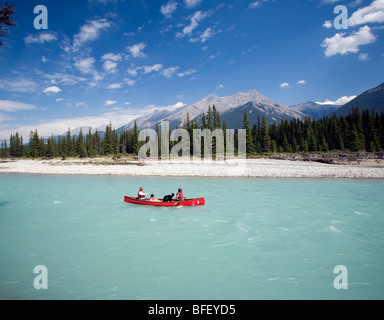 Canotage sur la rivière Kootney Kootney, Parc National, British Columbia, Canada, les gens, les montagnes, les enfants, le chien Banque D'Images