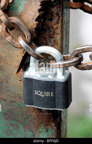 Cadenas et chaîne rouillée sur métal vert portes rouillées Banque D'Images