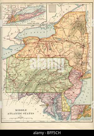 Ancienne carte d'origine des états Mid-Atlantic de manuel de géographie 1884 Banque D'Images