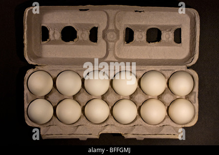 Carton d'oeufs blancs sur fond noir. Banque D'Images