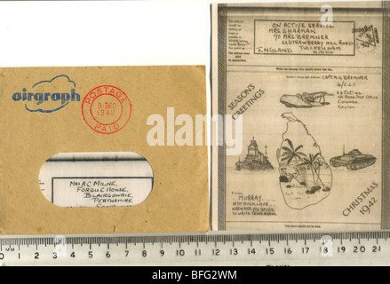 Airgraph et enveloppe envoyée de Colombo, Ceylan pour Noël 1942 Banque D'Images