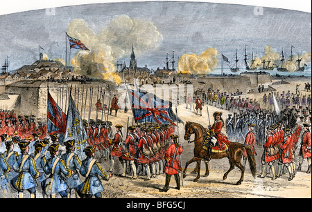 Abandon de Louisbourg à la British sous les ordres du général Jeffrey Amherst, French and Indian War. À la main, gravure sur bois Banque D'Images