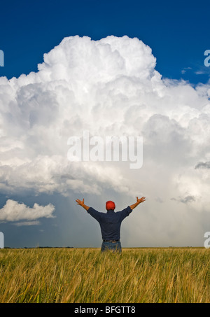 Un homme donne sur un champ d'orge avec une supercellule cumulonimbus nuage, Bromhead, Saskatchewan, Canada