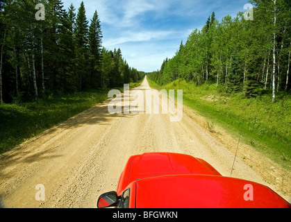 Location de la conduite sur route de campagne à travers la forêt boréale. Le Parc provincial Duck Mountain, Manitoba, Canada Banque D'Images