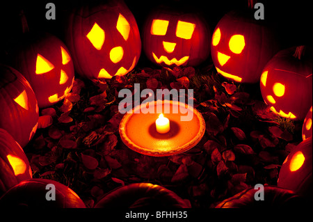 Les citrouilles sculptées dans un cercle au crépuscule autour d'une tarte à la citrouille le soir de l'Halloween Banque D'Images