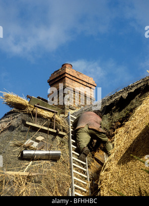 Royaume-uni, Angleterre, Wiltshire Wooton Rivières, artisan thatcher au travail de la toiture, chalet rethatching Banque D'Images