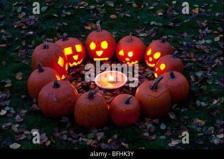 Les citrouilles sculptées dans un cercle au crépuscule autour d'une tarte à la citrouille le soir de l'Halloween Banque D'Images