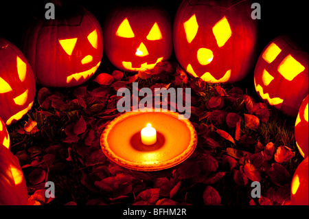 Les citrouilles sculptées dans un cercle au crépuscule autour d'une tarte à la citrouille le soir de l'Halloween Banque D'Images