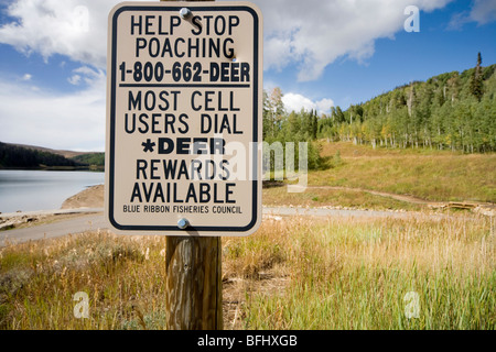 Une aide à arrêter le braconnage signe à Huntington (Mammoth) le long du réservoir et Huntington Eccles Canyon National Scenic Byway Utah Banque D'Images