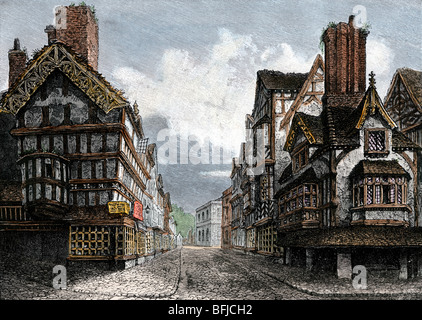 High Street, Shrewsbury, en Angleterre Tudor. À la main, gravure sur bois Banque D'Images