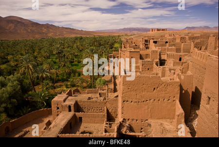 AGDZ, MAROC - Tamnougalt kasbah et date palm oasis, dans les montagnes de l'Atlas. Banque D'Images