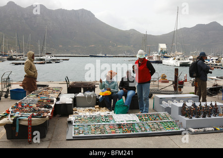 Ouvrir la rue du marché, le phoque à fourrure, les bureaux de voyage en bateau, les touristes et les vendeurs de l'Afrique de l'Ouest à Hout Bay, Cape, Afrique du Sud, Novembre 2009 Banque D'Images