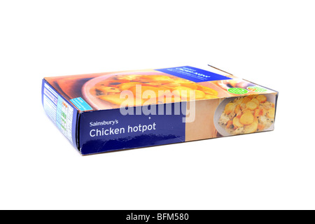 Hot Pot poulet congelé prêt le dîner les emballages en carton fixé sur un fond blanc. Banque D'Images