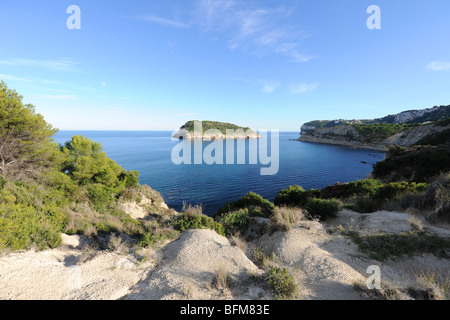 Vue de l'île de Portichol de Cap Prim, Javea / Xabia, Province d'Alicante, Communauté Valencienne, Espagne Banque D'Images