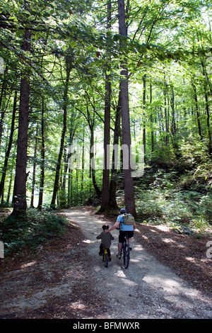 La Slovénie, Parc National de Triglav. Un père et son fils, ride vtt à travers la forêt, près du lac de Bohinj. Banque D'Images