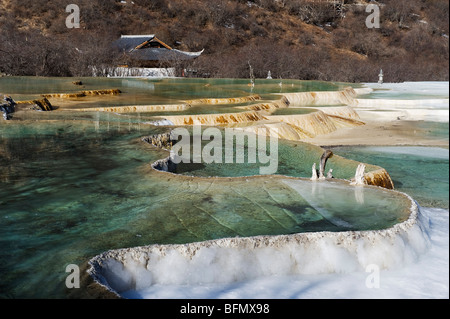 Chine, province du Sichuan, le Parc National de Huanglong, UNESCO World Heritage Site, piscines colorées de calcite- Banque D'Images