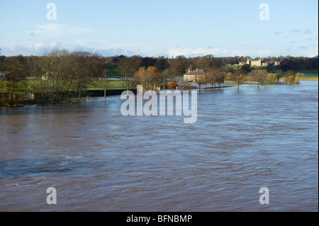 Rivière Tweed Kelso Écosse Novembre 2009 inondation vue du pont vers étages Château Banque D'Images