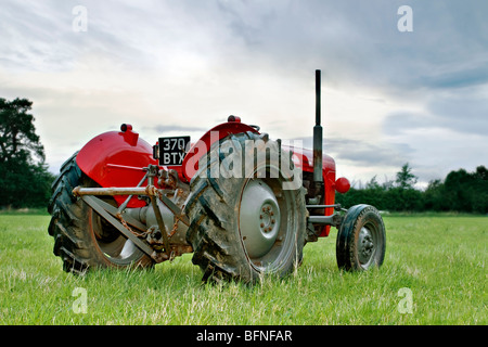 Massey Ferguson rouge rénové 35 tracteur avec prises au crépuscule dans la zone Banque D'Images