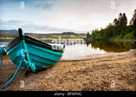 Réflexion à l'Ordie Loch à distance, nr Dunkeld, Écosse, prise juste après l'aube avec l'ancien bateau de ligne à l'avant-plan Banque D'Images