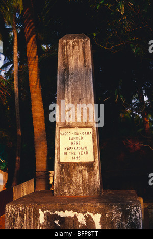 Vasco Da Gama débarqua ici plaque pierre 1498 ; Kappkadavu Kappakadavu Kappad,,, ; Kalikat Kozhikode, Kerala en Inde ; Banque D'Images